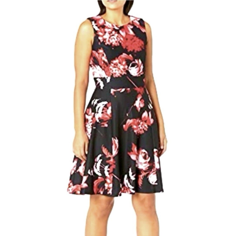Calvin‎ Klein Red Black Floral Sleeveless Stretch Crepe Fit Flare Dress Size 8